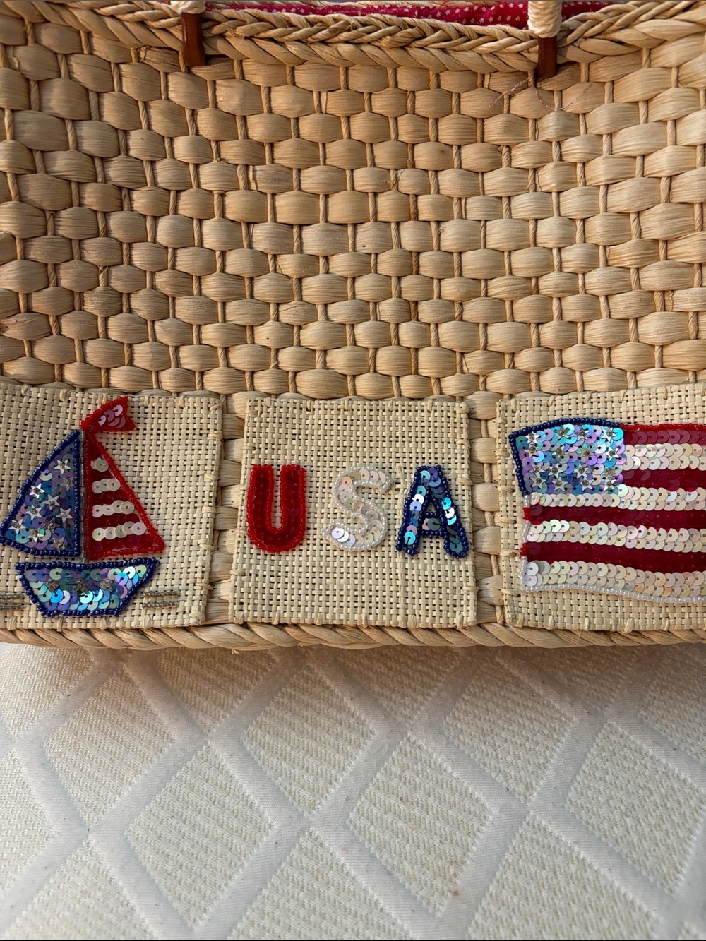 Woven Sequin USA Tote Bag - Natural with Red, White & Blue Accents